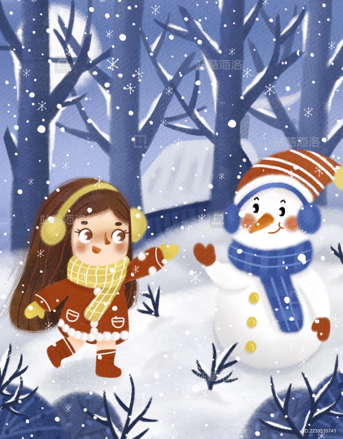 冬日森林堆雪人的小女孩