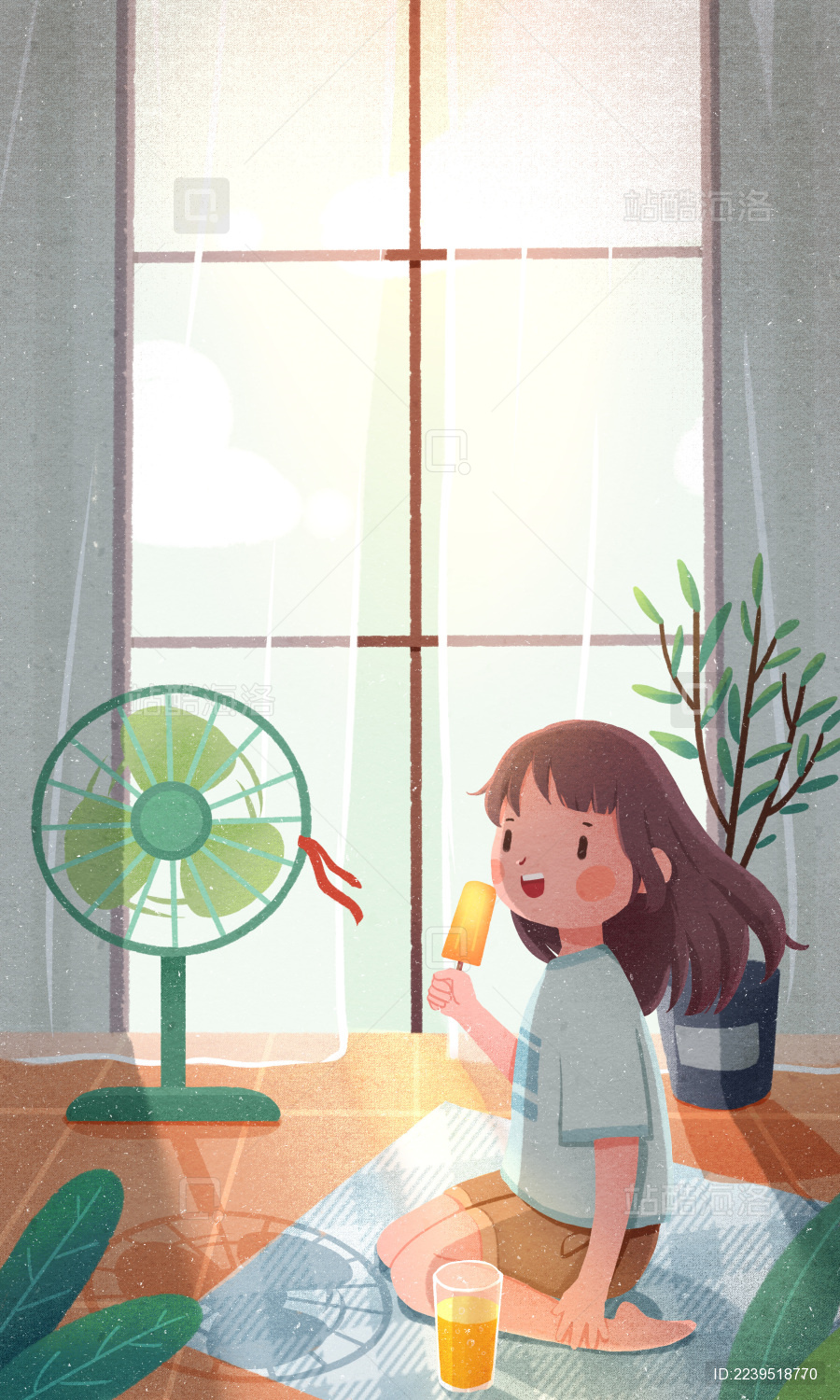 立夏夏天室内女孩吹风扇吃冰棍插画