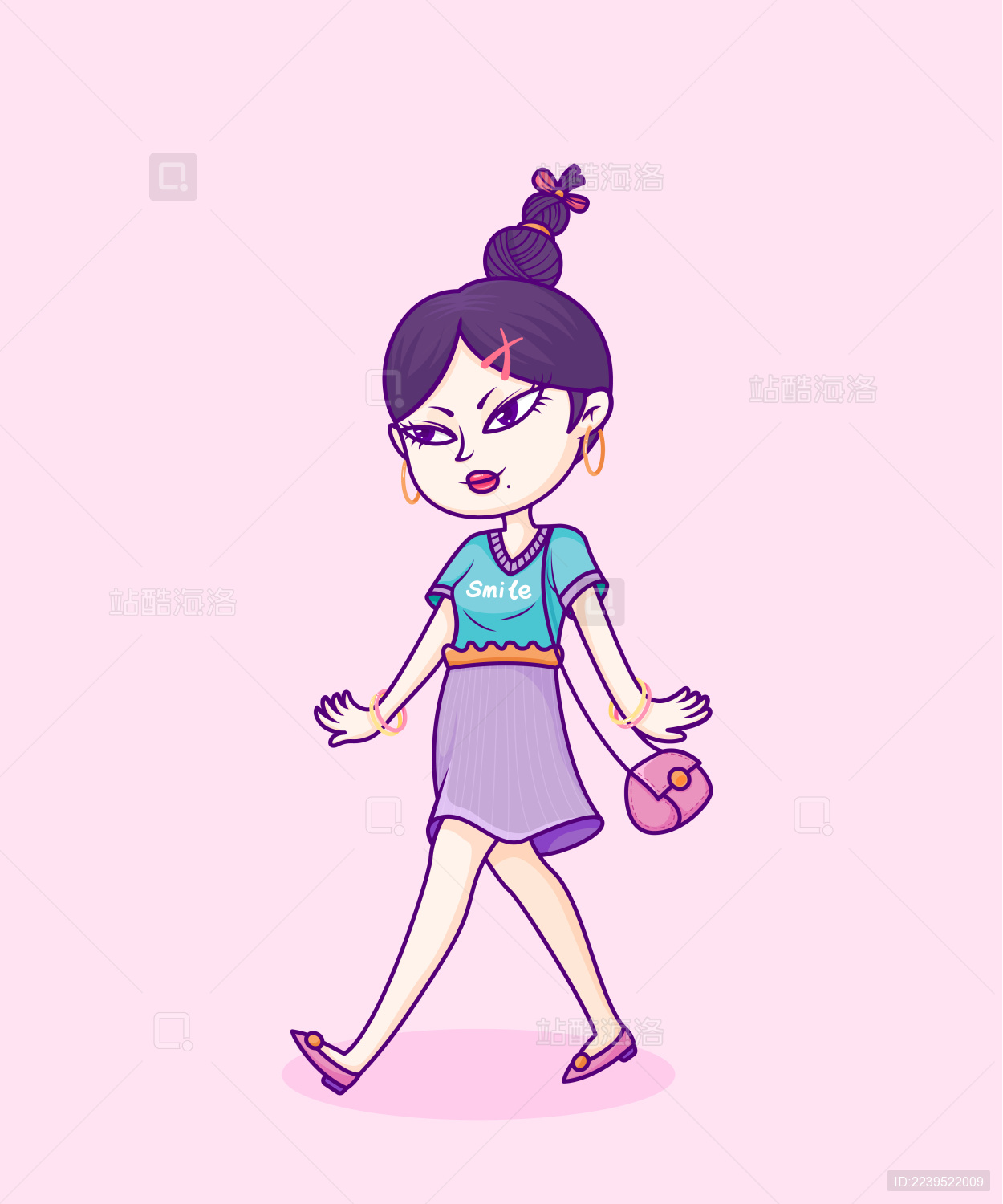 背包开心走路的时尚女孩 描边风