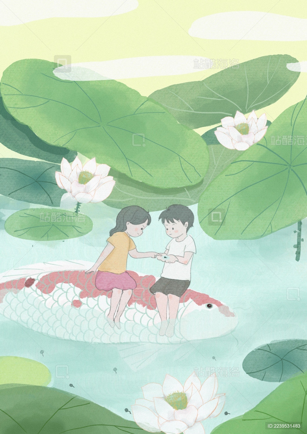 男孩女孩坐在荷塘中的大鱼背上