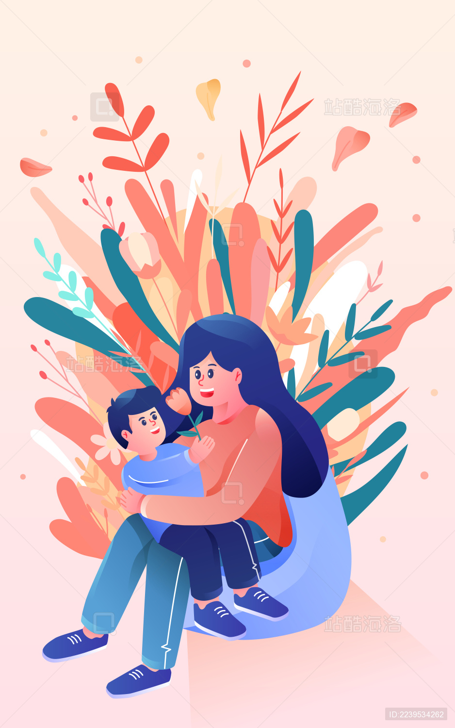 母亲节感恩节鲜花家人矢量插画海报矢量素材