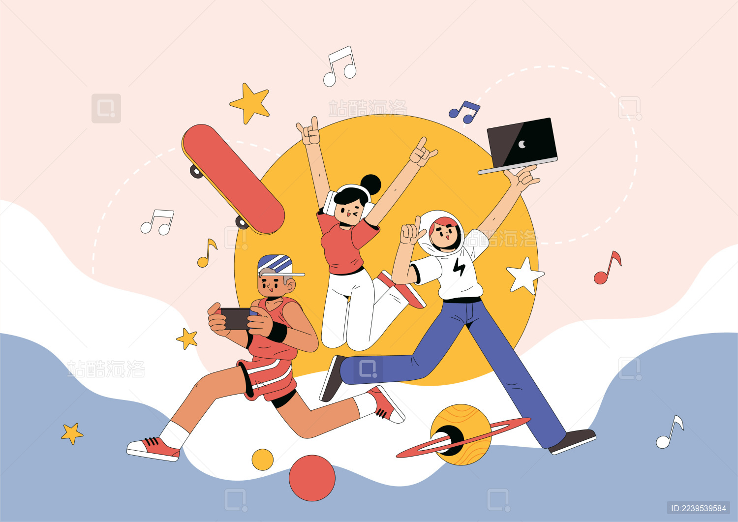 五四青年节插画三个开心的年轻人