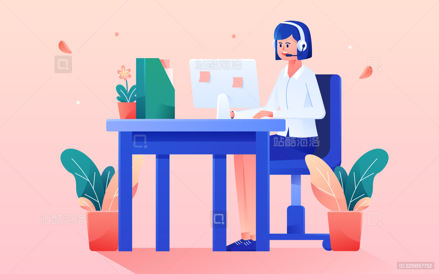 卡通商务办公人物客服接听电话矢量插画素材