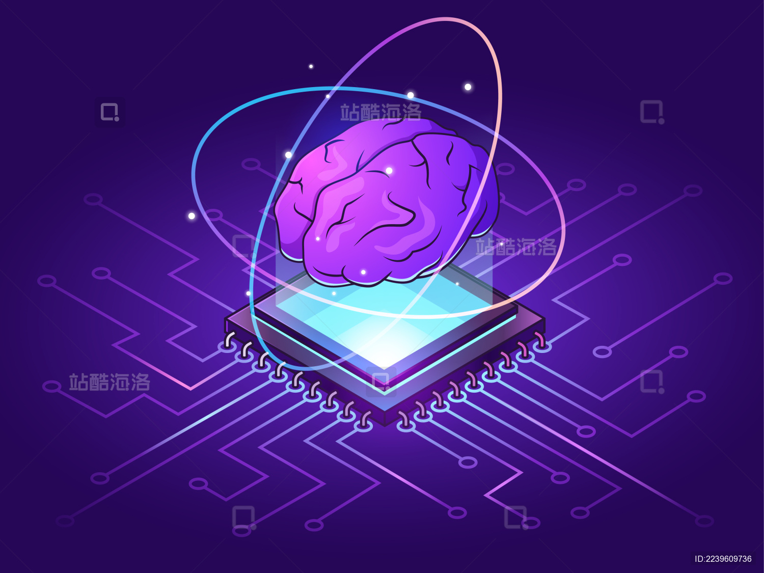 芯片上有一个大脑矢量插画