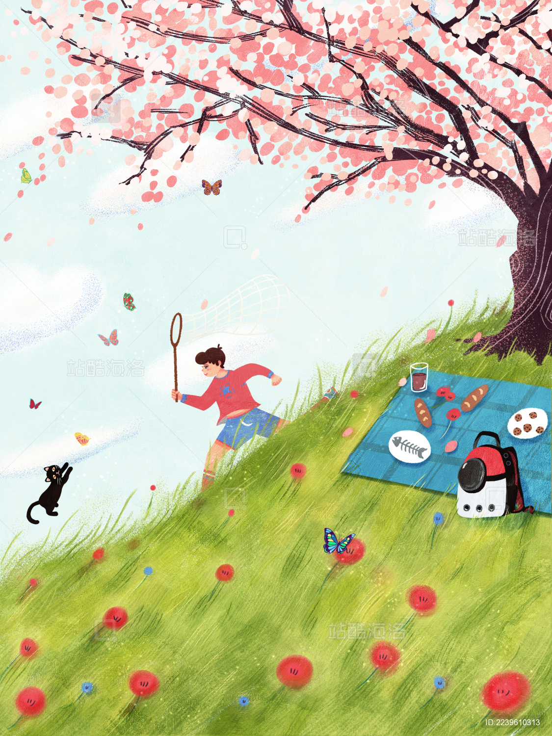 春天男孩在山坡上春游