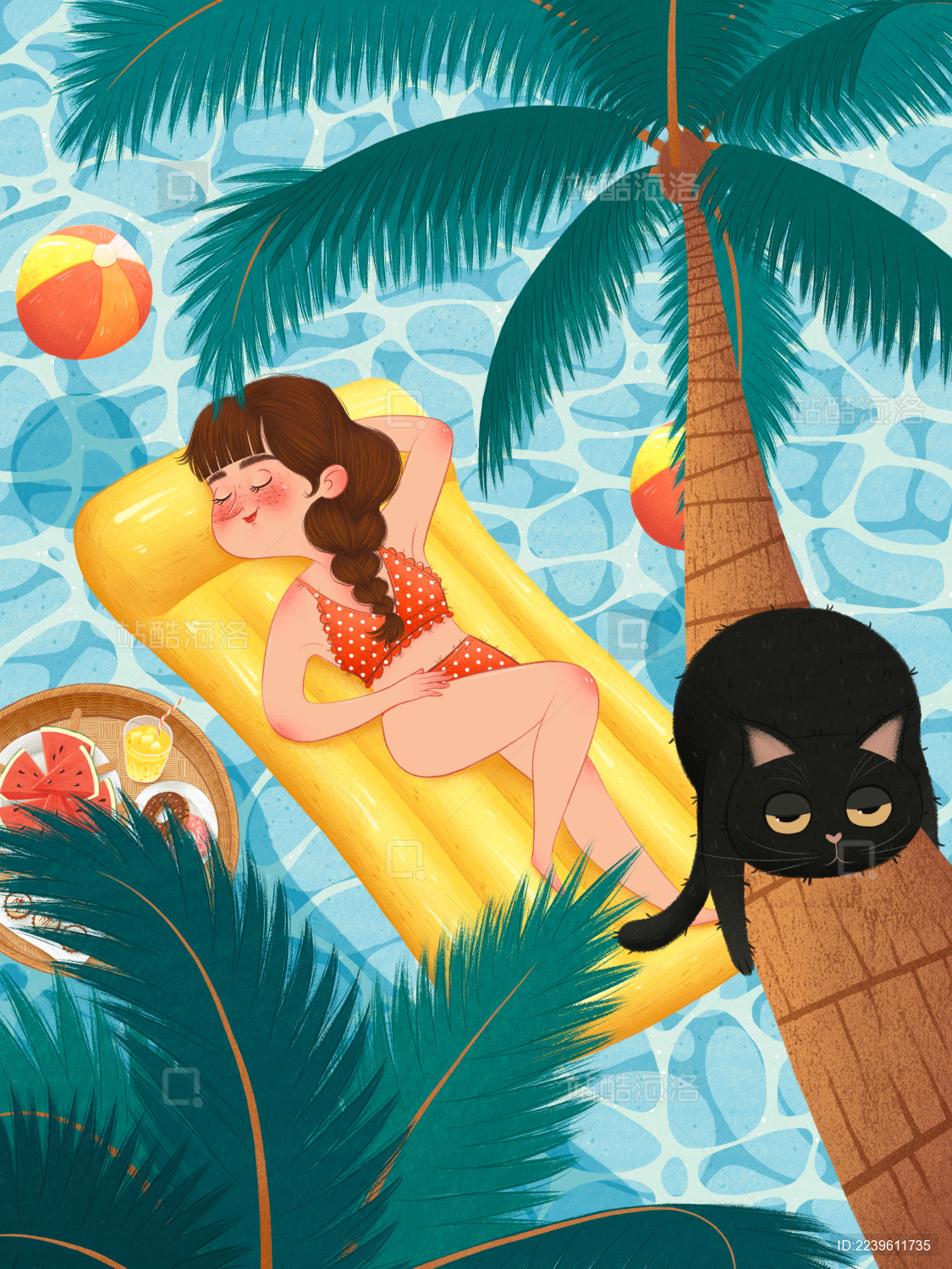 七月小暑大暑度假日光浴手绘插画海报