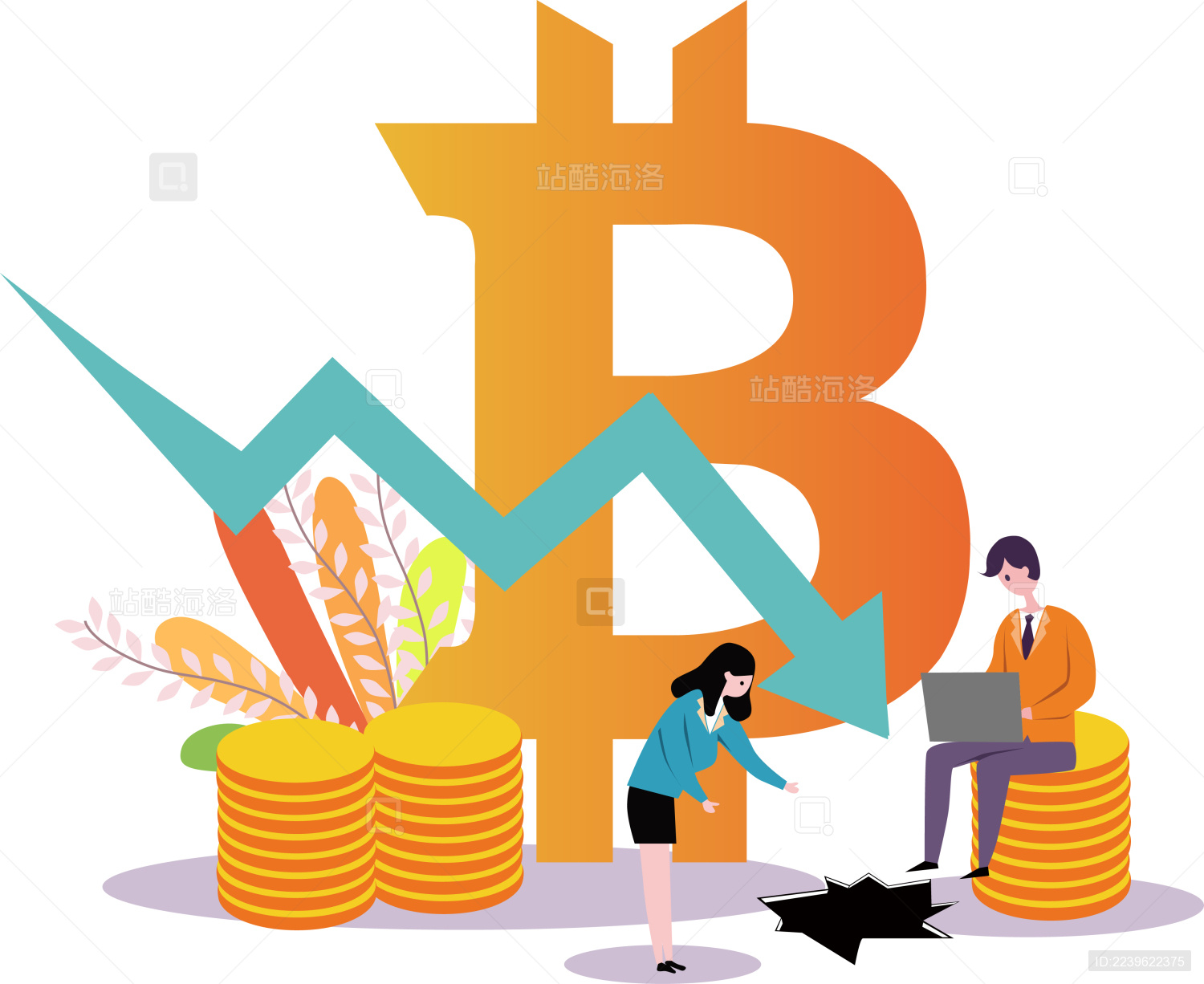 比特币暴跌虚拟货币概念插画