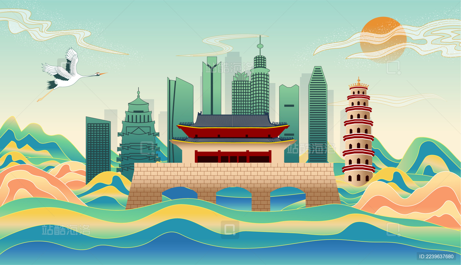 中国广东省惠州市城市复古国风海报插画