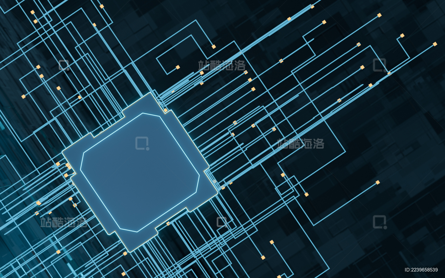 发光的电路与芯片 3D渲染