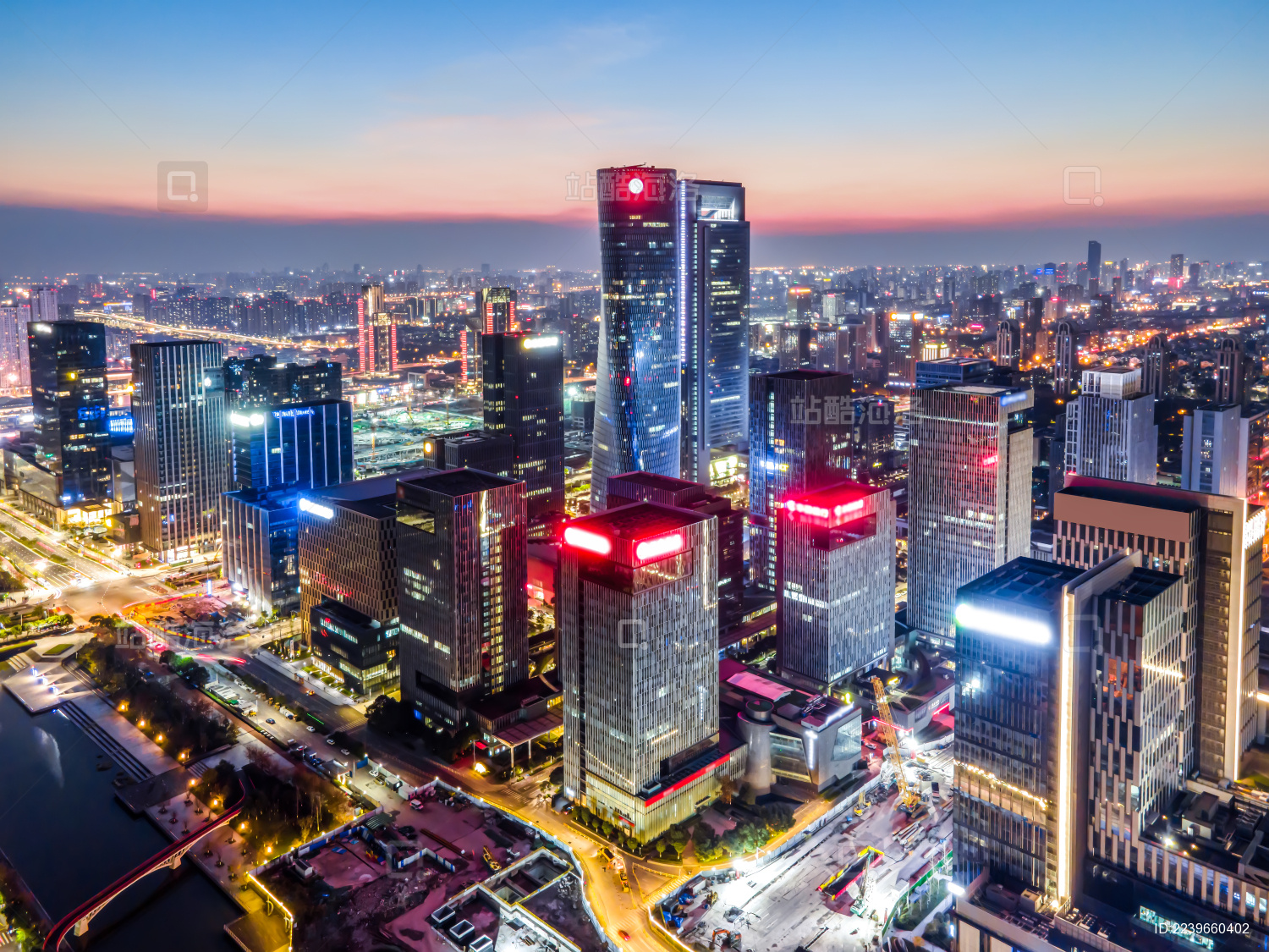 航拍浙江宁波东部新城建筑景观夜景