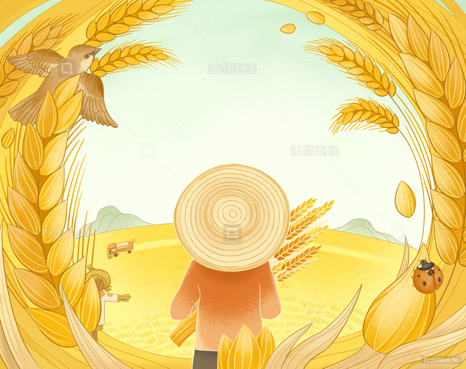 芒种节气收麦插画