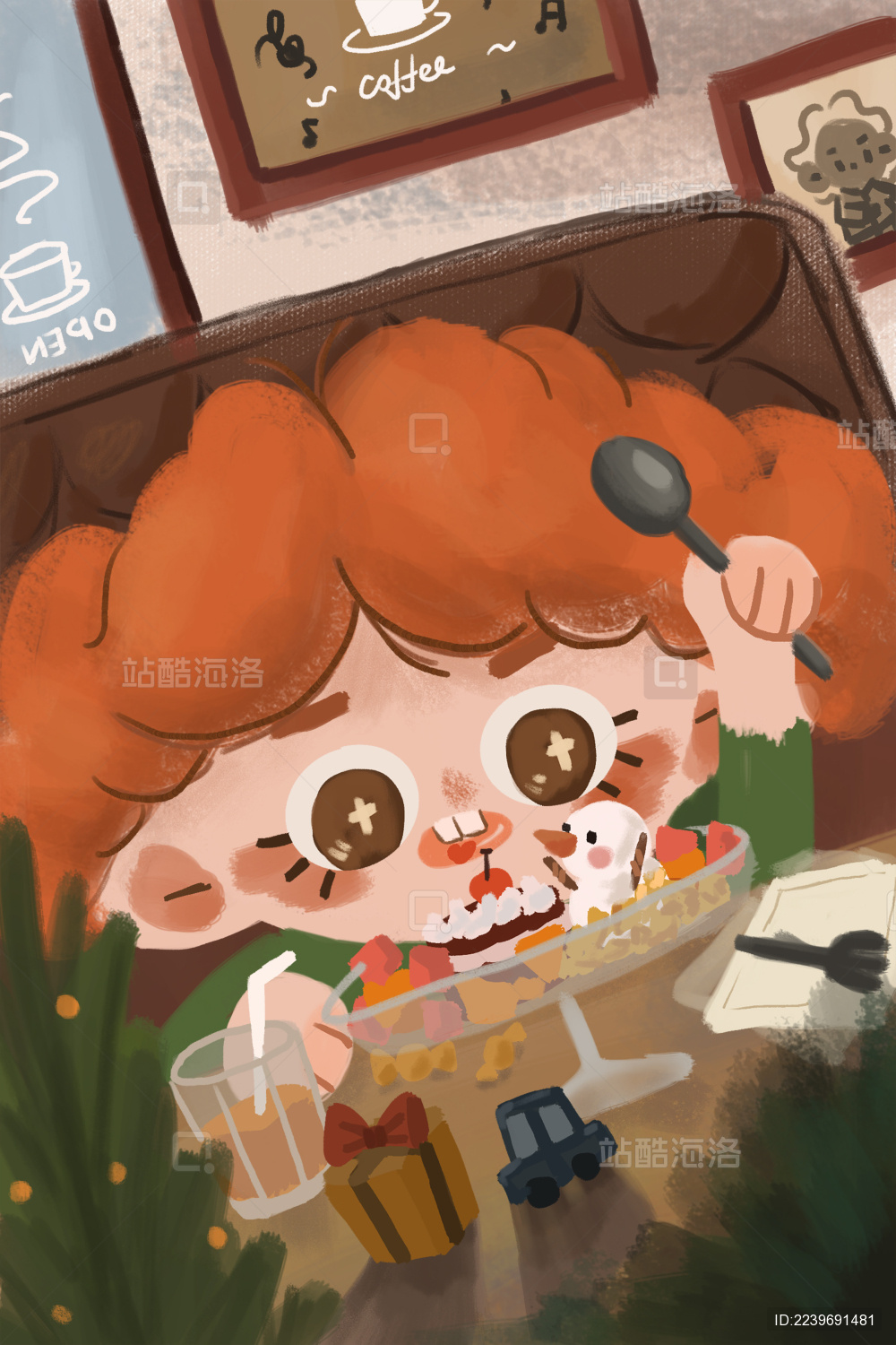 咖啡厅吃冰的卷发女孩