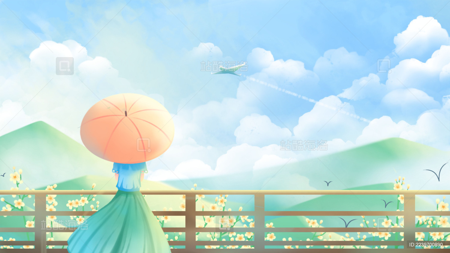 女孩打着遮阳伞欣赏围栏前的青山蓝天白云气