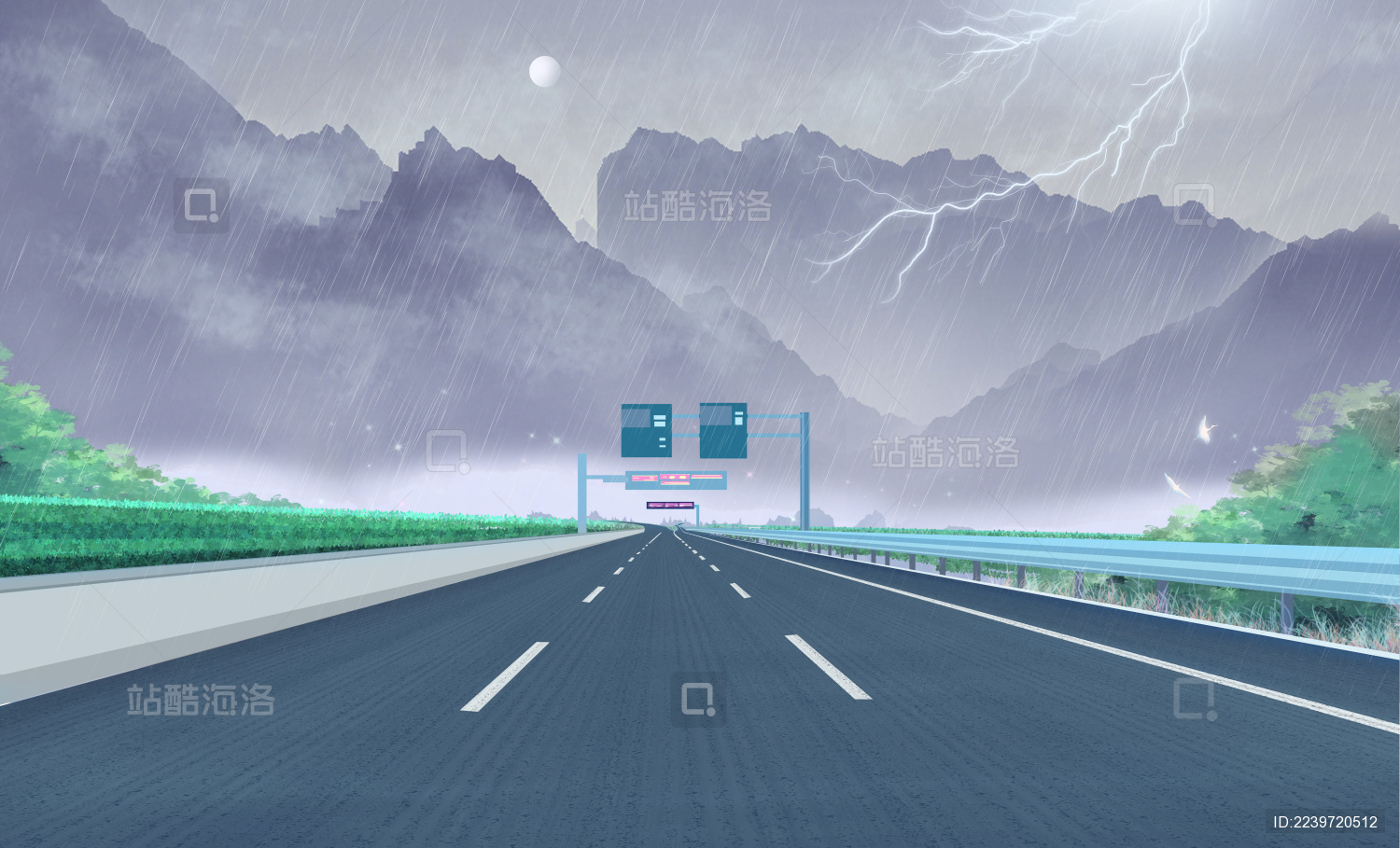 暴雨打雷天气森林里有一条山路穿过插画背景