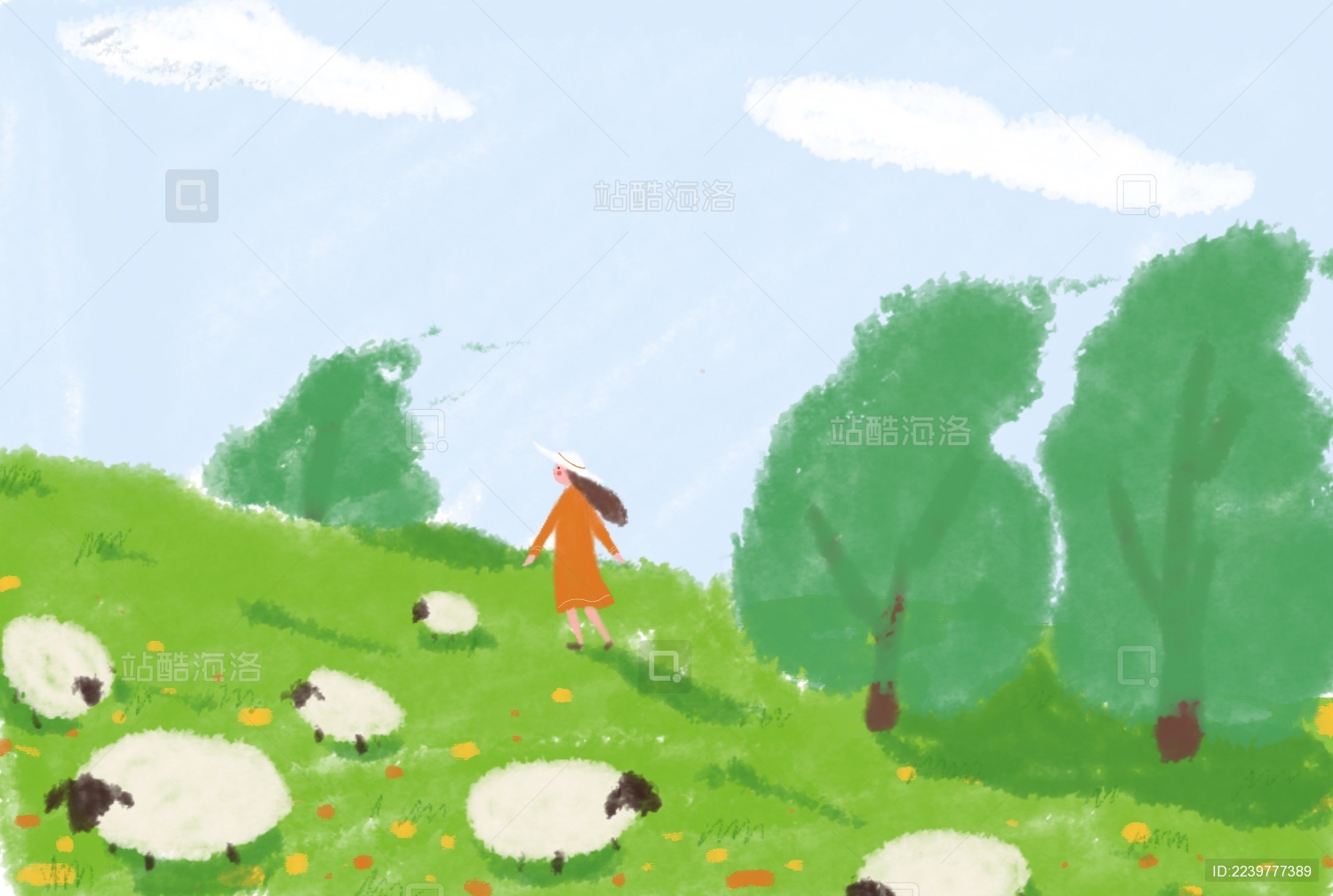 夏日阳光下走在羊群中的女孩