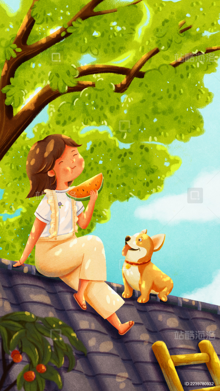 女孩和小狗坐在屋顶上吃西瓜