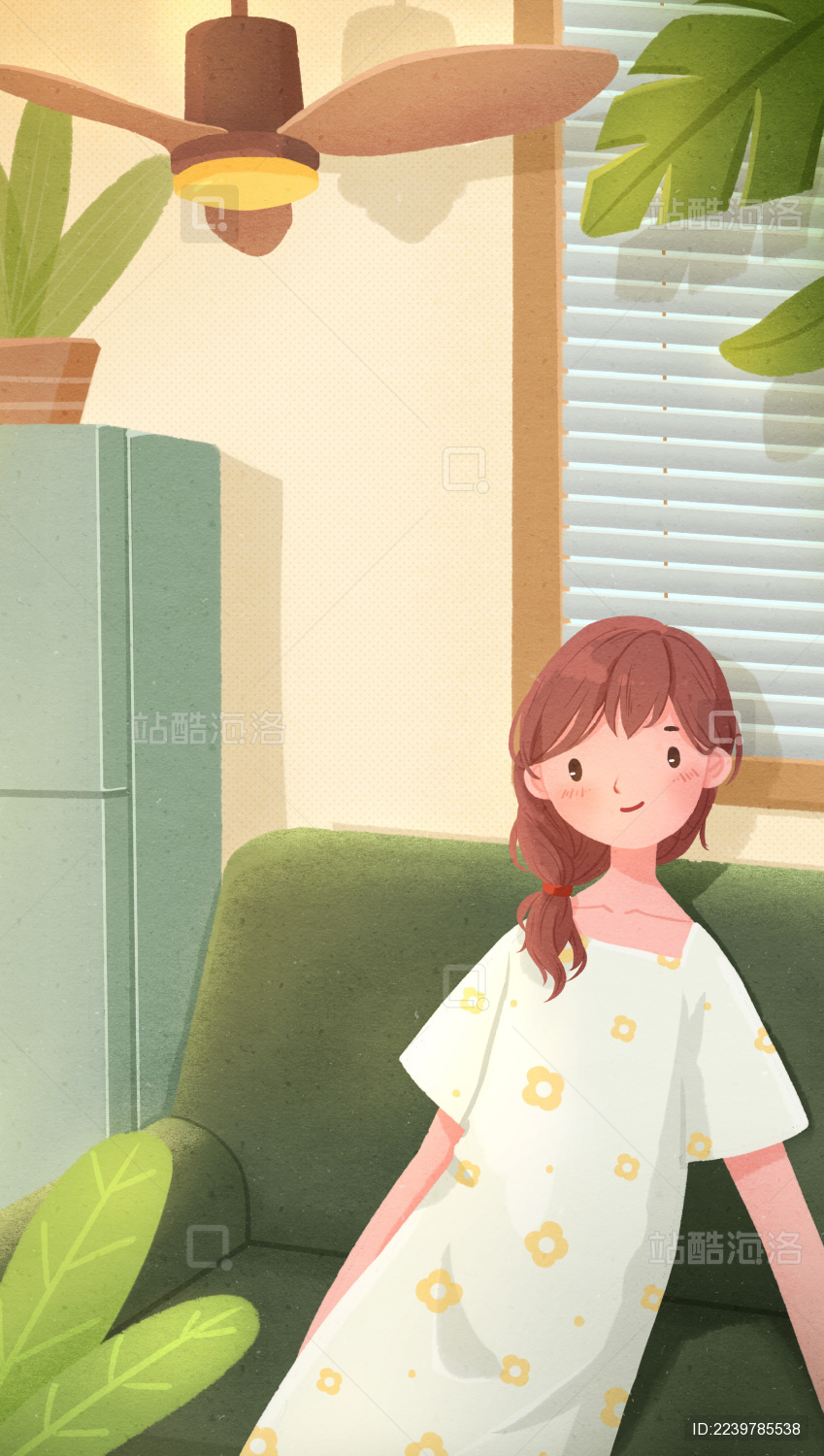 卡通女孩夏天室内风扇居家生活插画海报