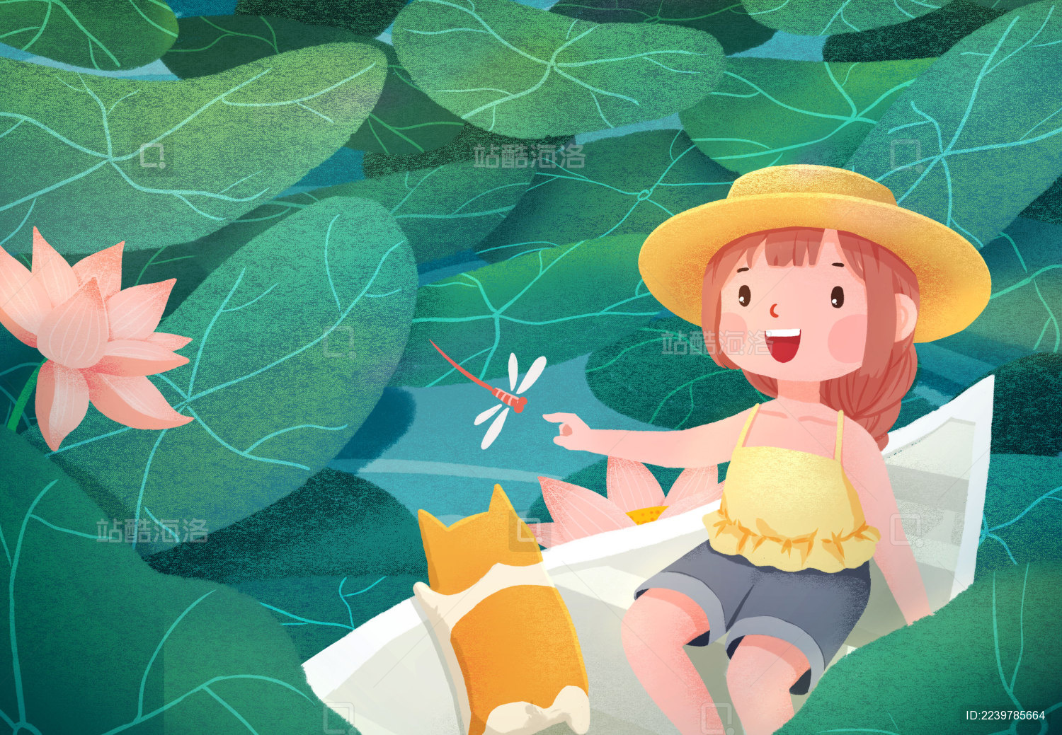 荷花丛中女孩和狗坐船夏天小暑大暑插画海报