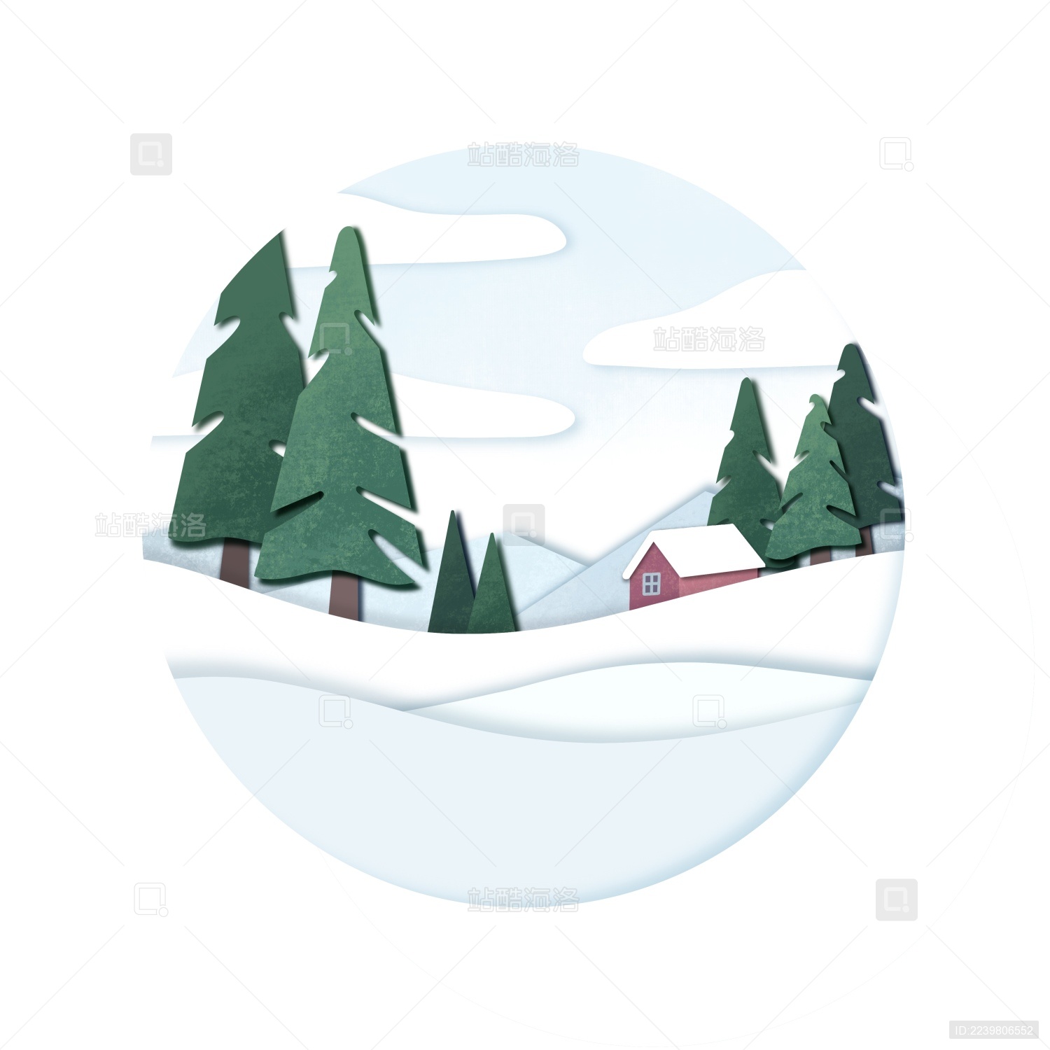 剪纸手绘扁平冬天雪景松树木屋远山森林背景