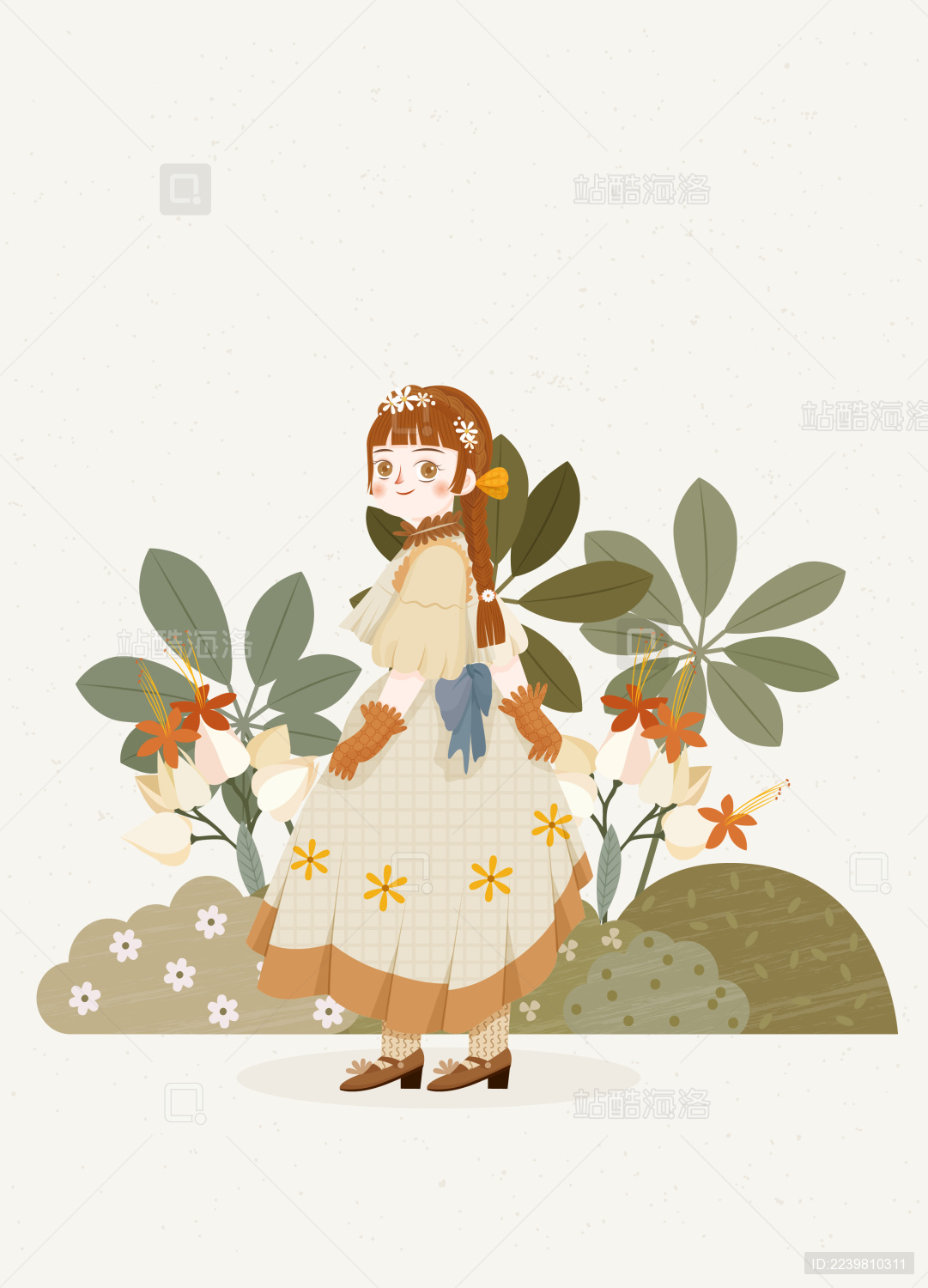 花朵灌木中穿裙子的洛丽塔女孩复古矢量插画