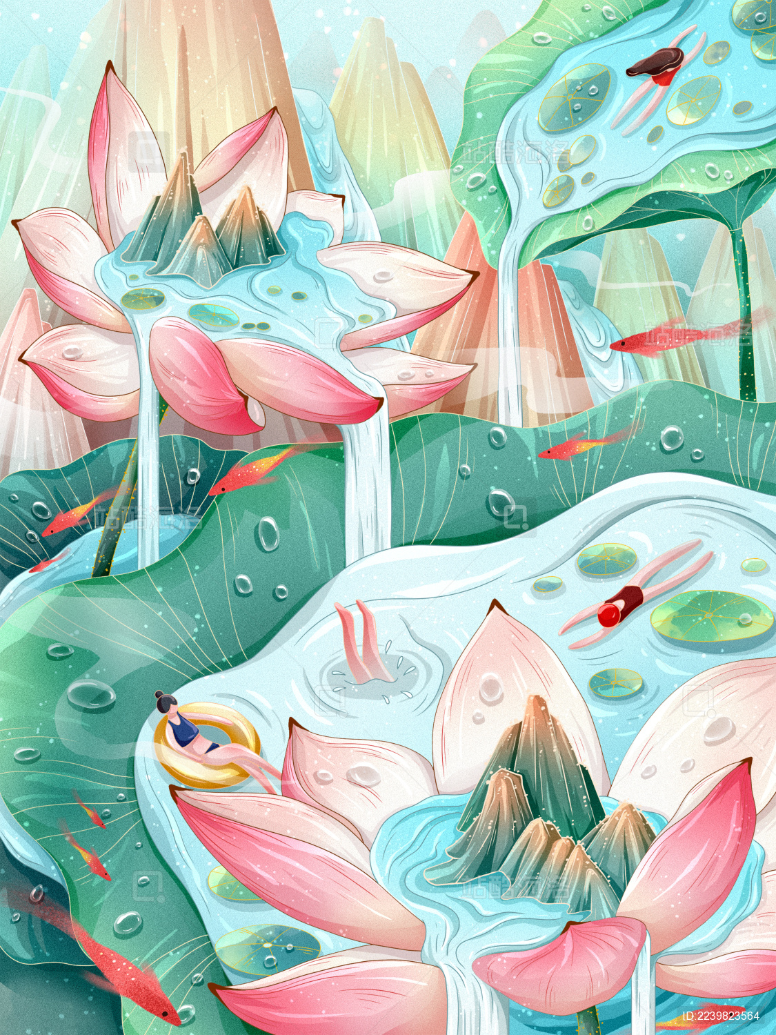 人在荷花荷叶上游泳嬉戏