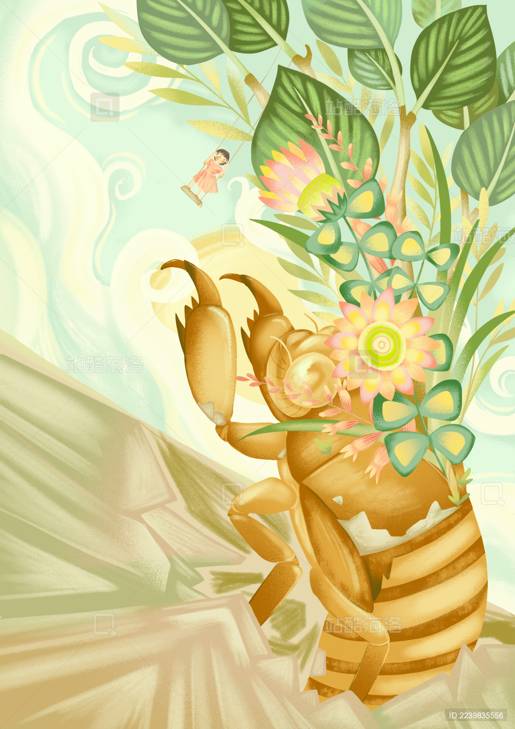 夏天蝉猴破土而出插画