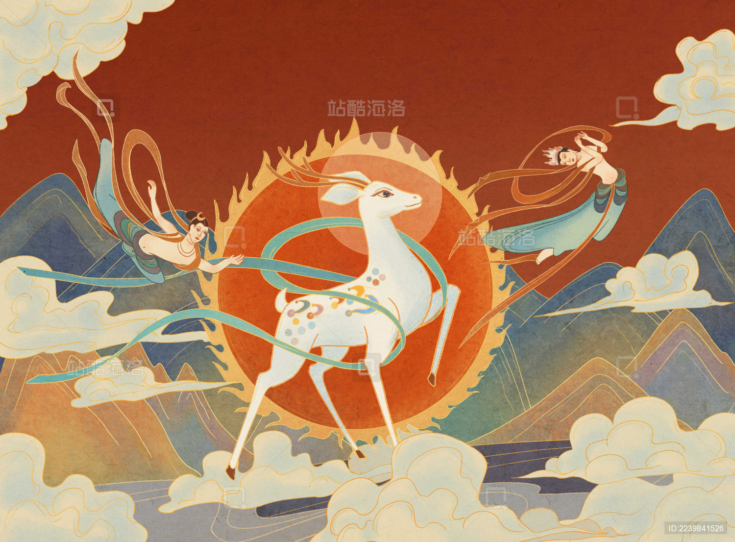 敦煌九色鹿飞天中国风国潮插画