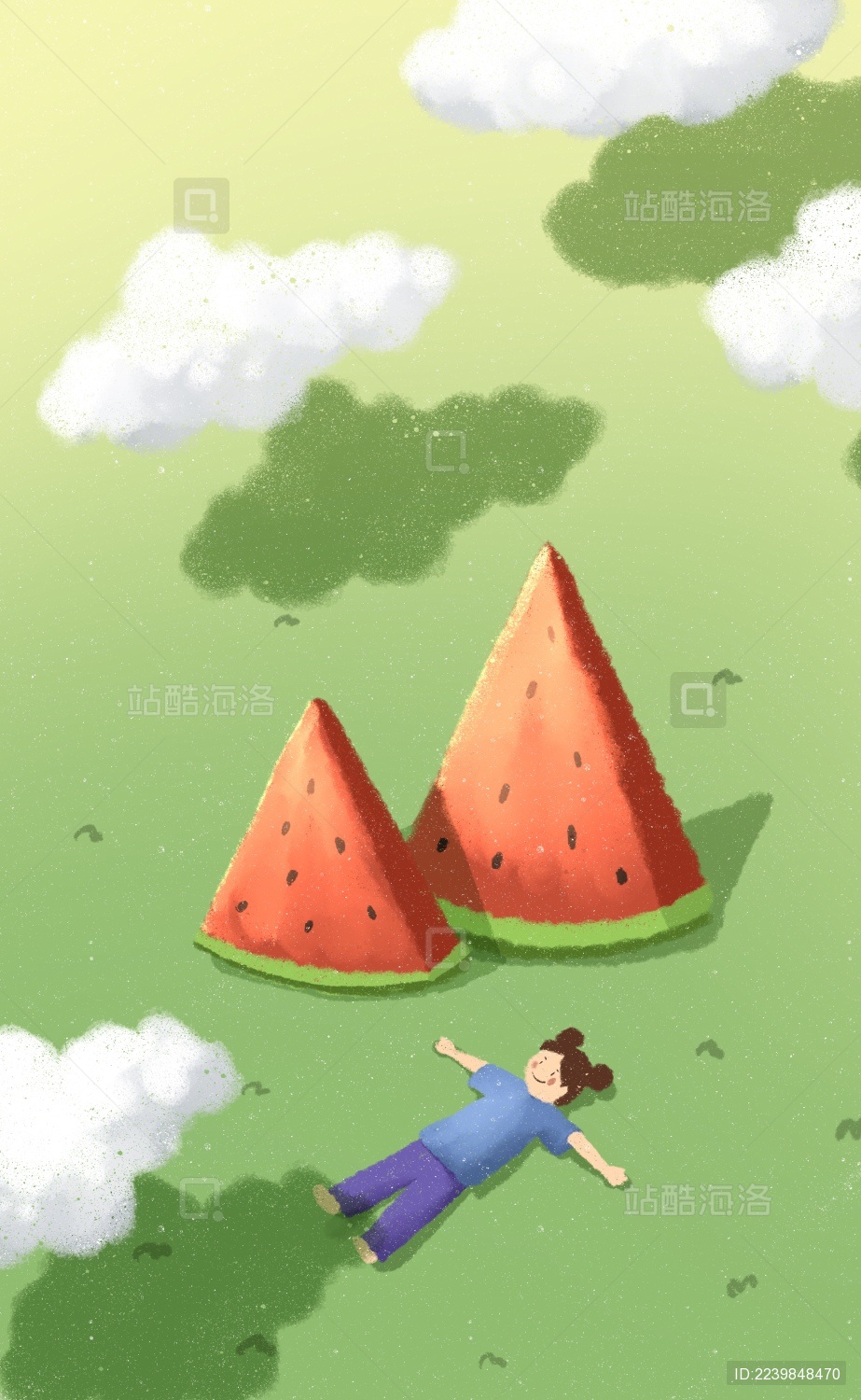 在草原上的小孩和西瓜插画