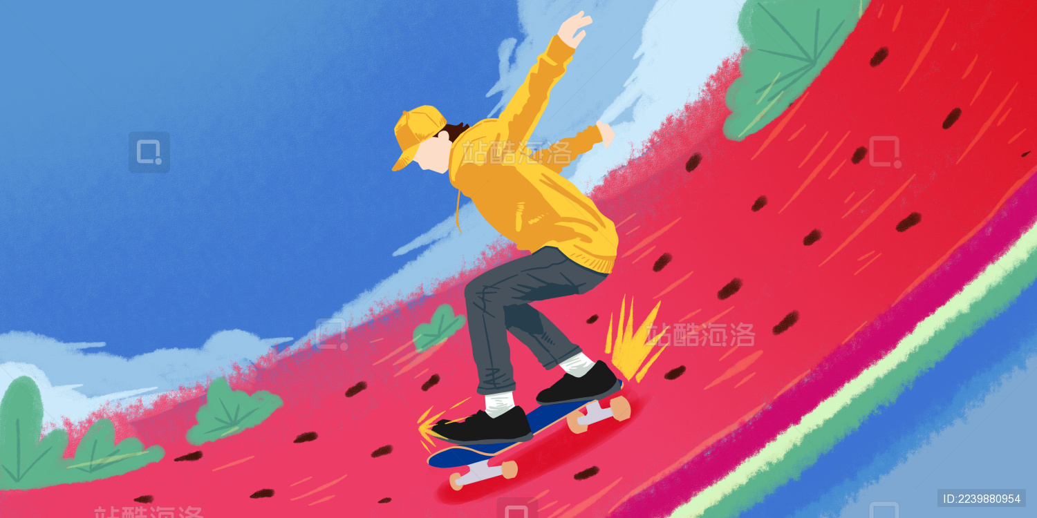 夏天在西瓜上滑板的少年 夏日概念插画