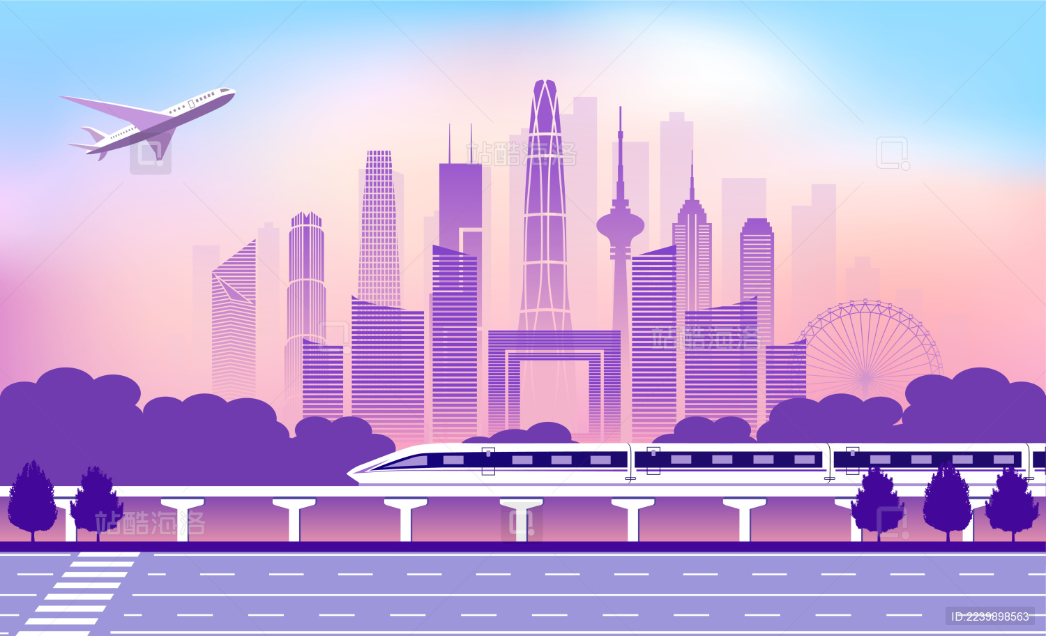 中国天津市城市旅游交通商务插画紫色