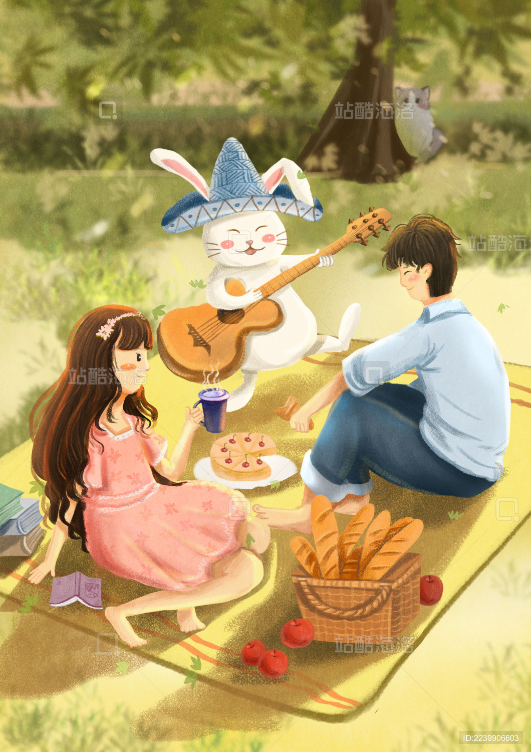 夏日情侣和兔子弹吉他野餐相伴旅游场景