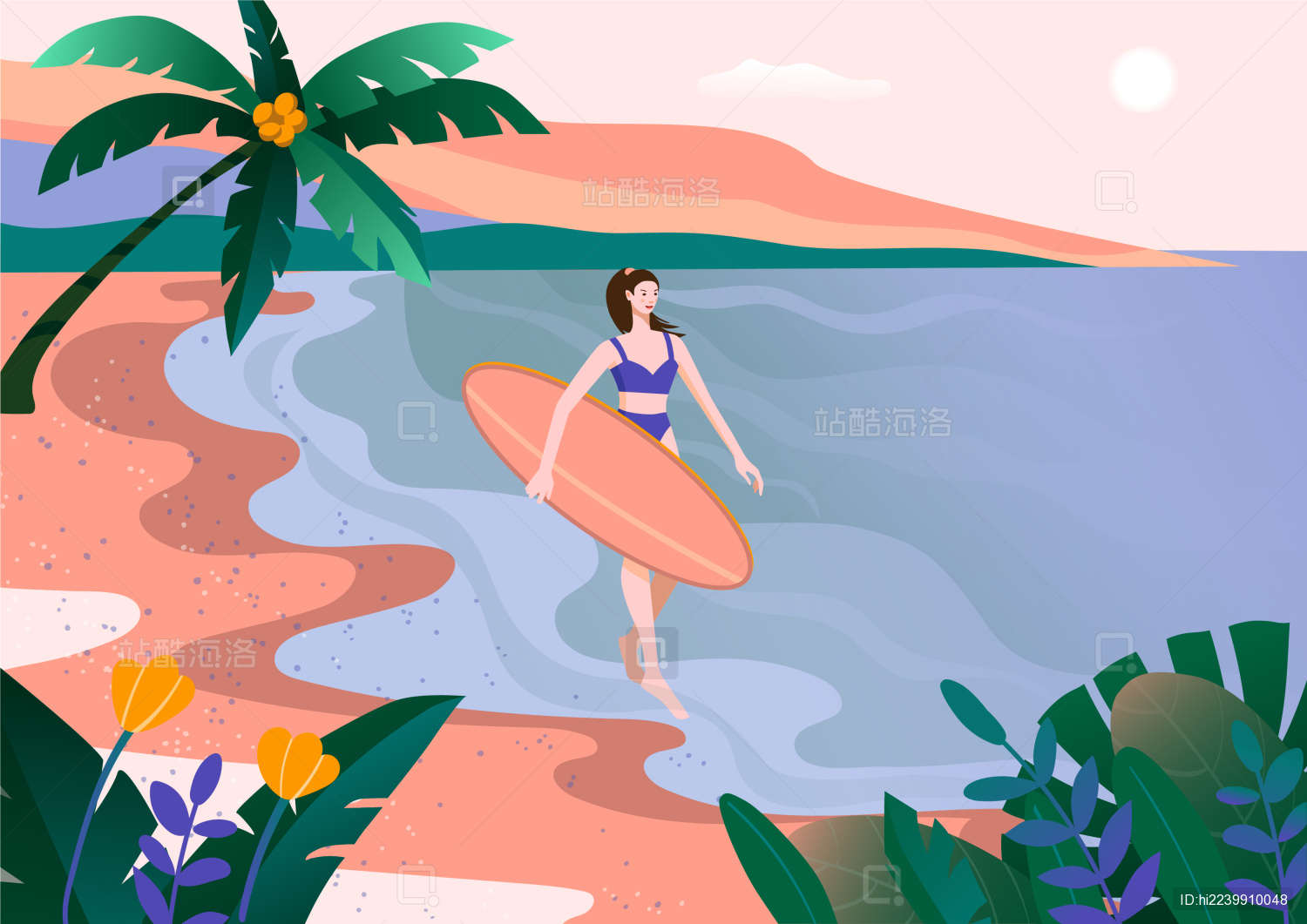 夏季海边女孩矢量插画