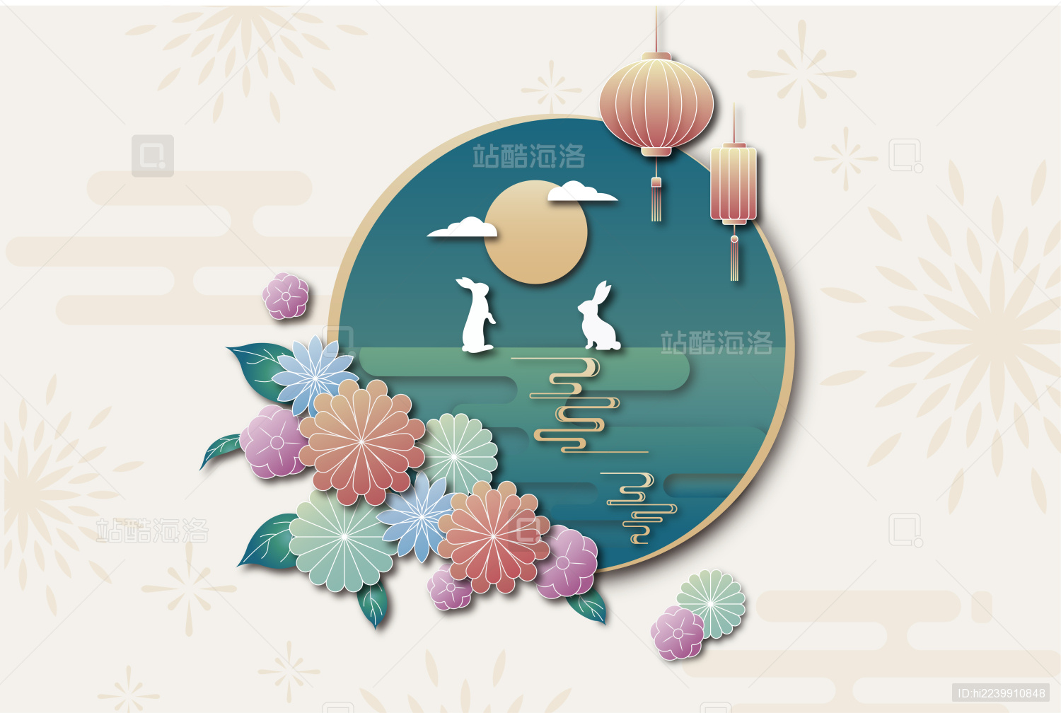 中国风剪纸风花好月圆中秋灯笼月亮玉兔海报