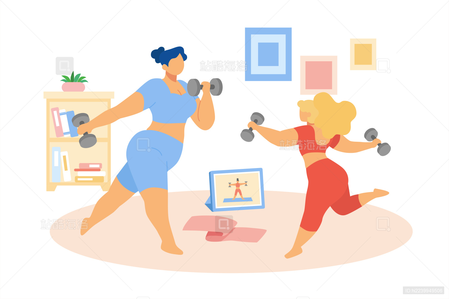 女孩们居家观看运动教学影片塑身卡通插图