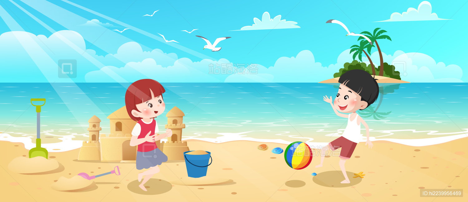儿童海边旅行度假风景插画矢量图