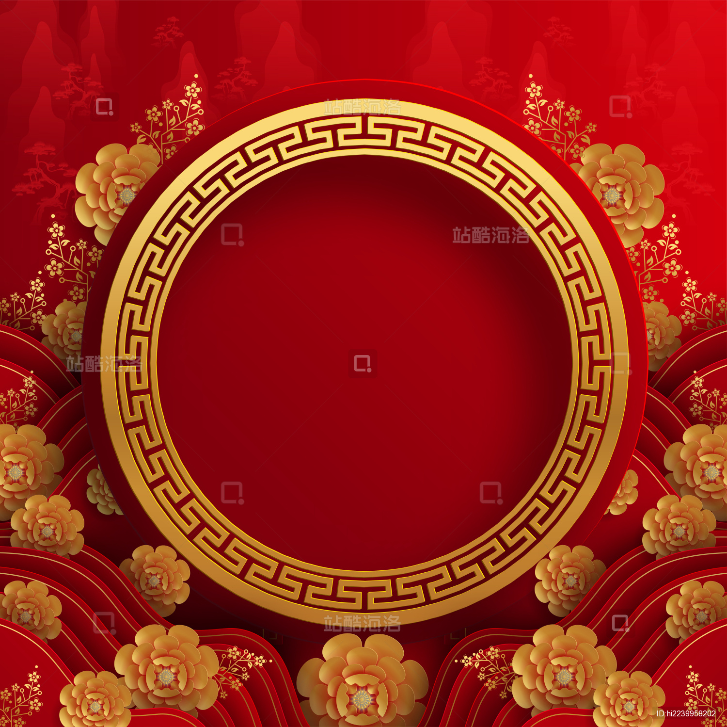 中国风大红喜气镀金圆框 花朵绽放元素背景_站酷海洛_正版图片_视频_字体_音乐素材交易平台_站酷旗下品牌