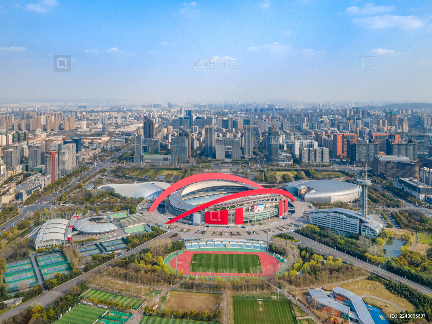 航拍中国江苏省南京建邺区奥体中心与河西建筑群