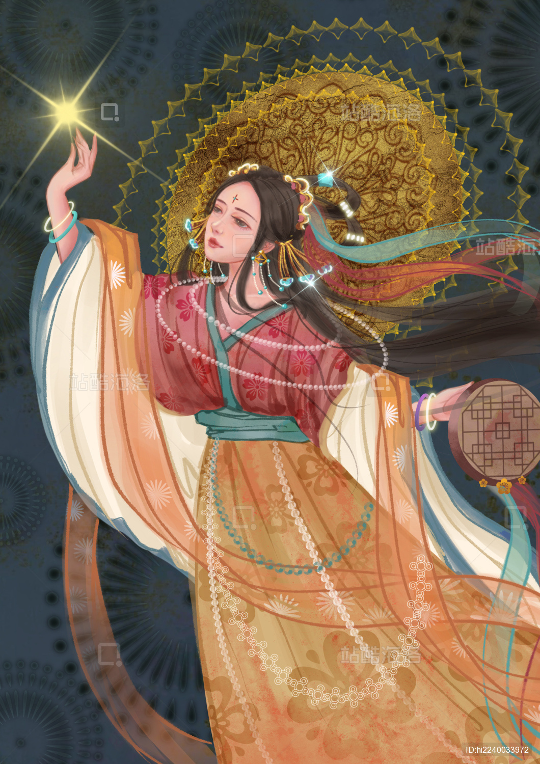 敦煌古风美女国潮汉服浓墨重彩复古华丽插画