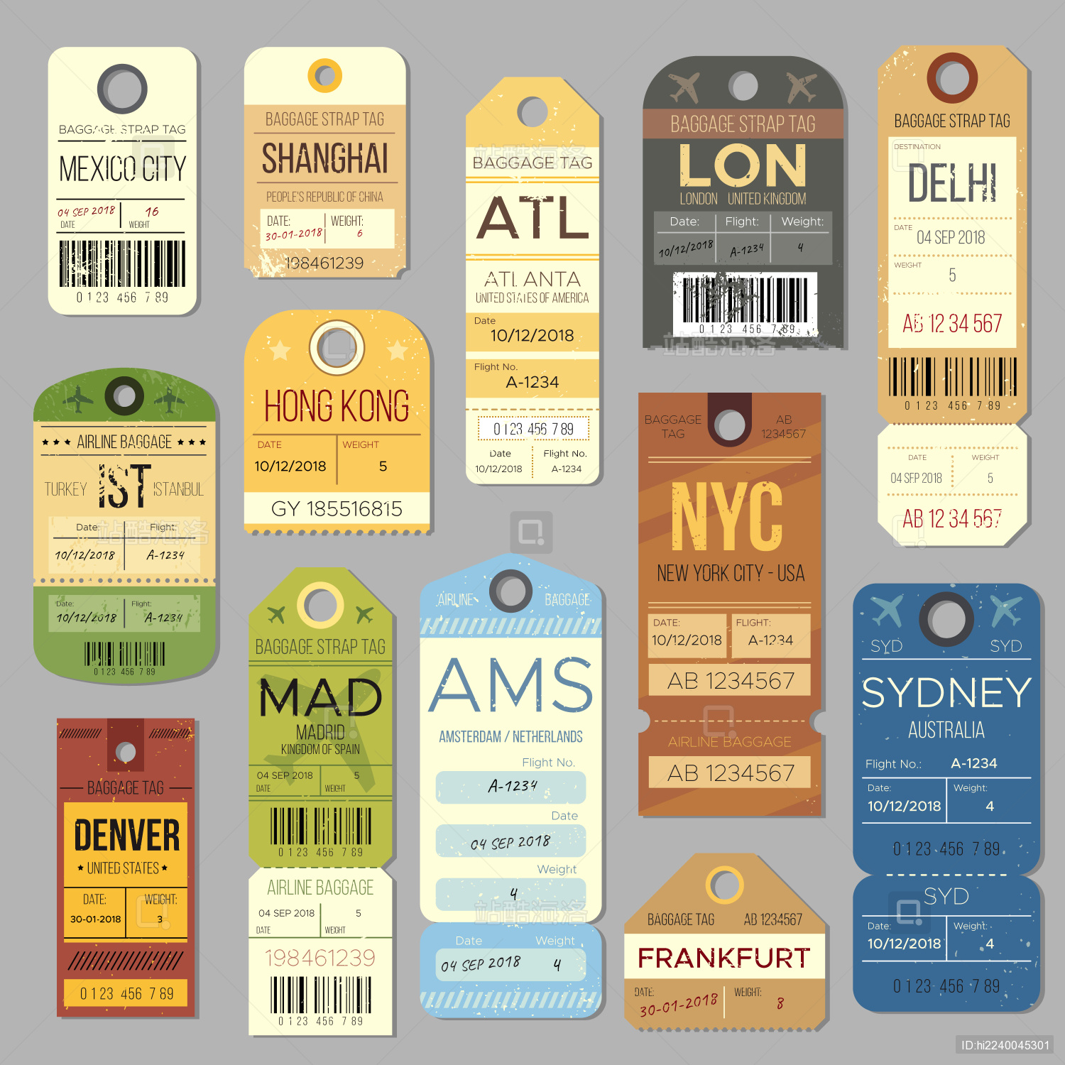 复古旅行行李标签和带有飞行符号矢量集合的行李票模板免费下载_ai格式_1000像素_编号37830631-千图