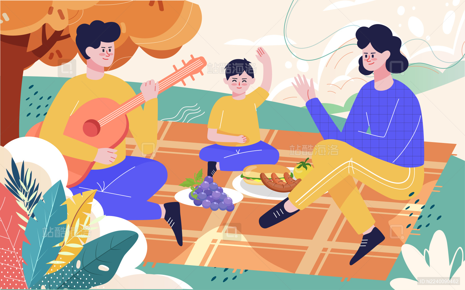 一家人秋游海报人物秋天旅游风景户外插画