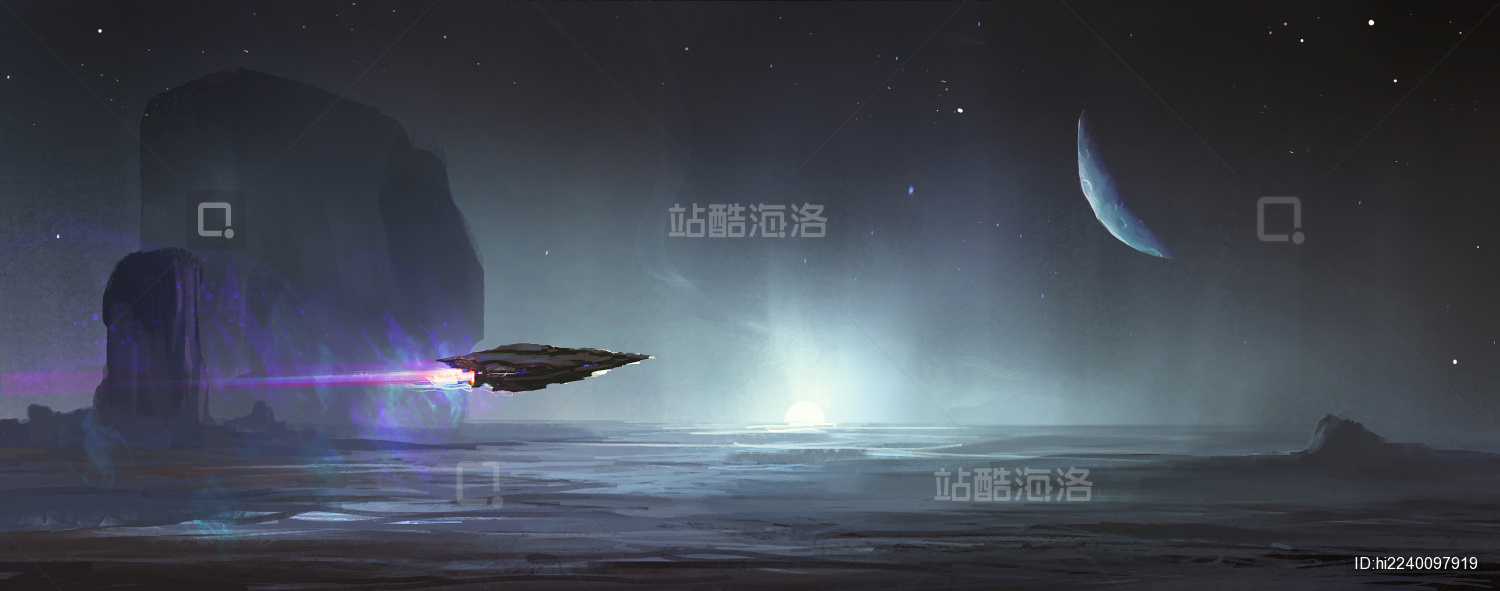 人类的飞行器航行在异星的荒原上