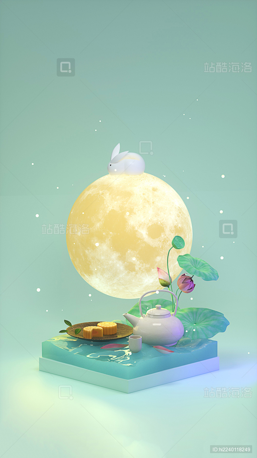 中秋赏月云纹玉兔月饼荷花横竖版插画3d