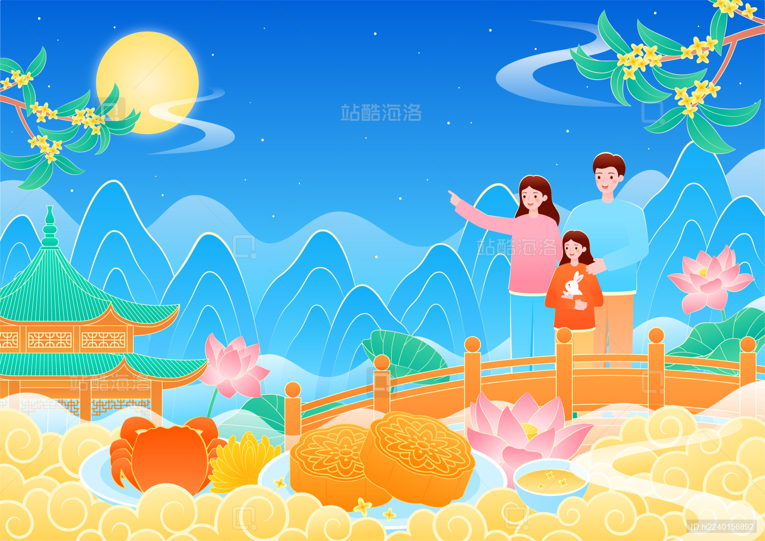 中秋节家人团圆赏景吃月饼矢量插画