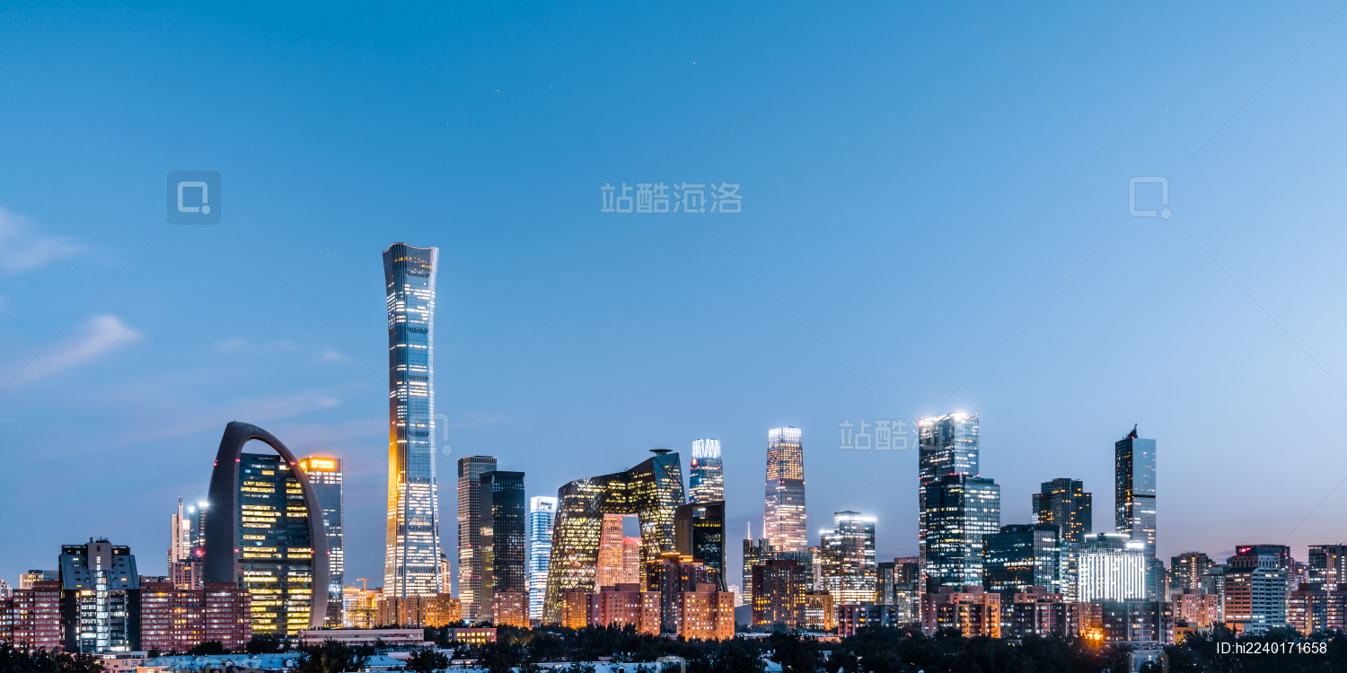 中国北京国贸CBD建筑群高视角夜景
