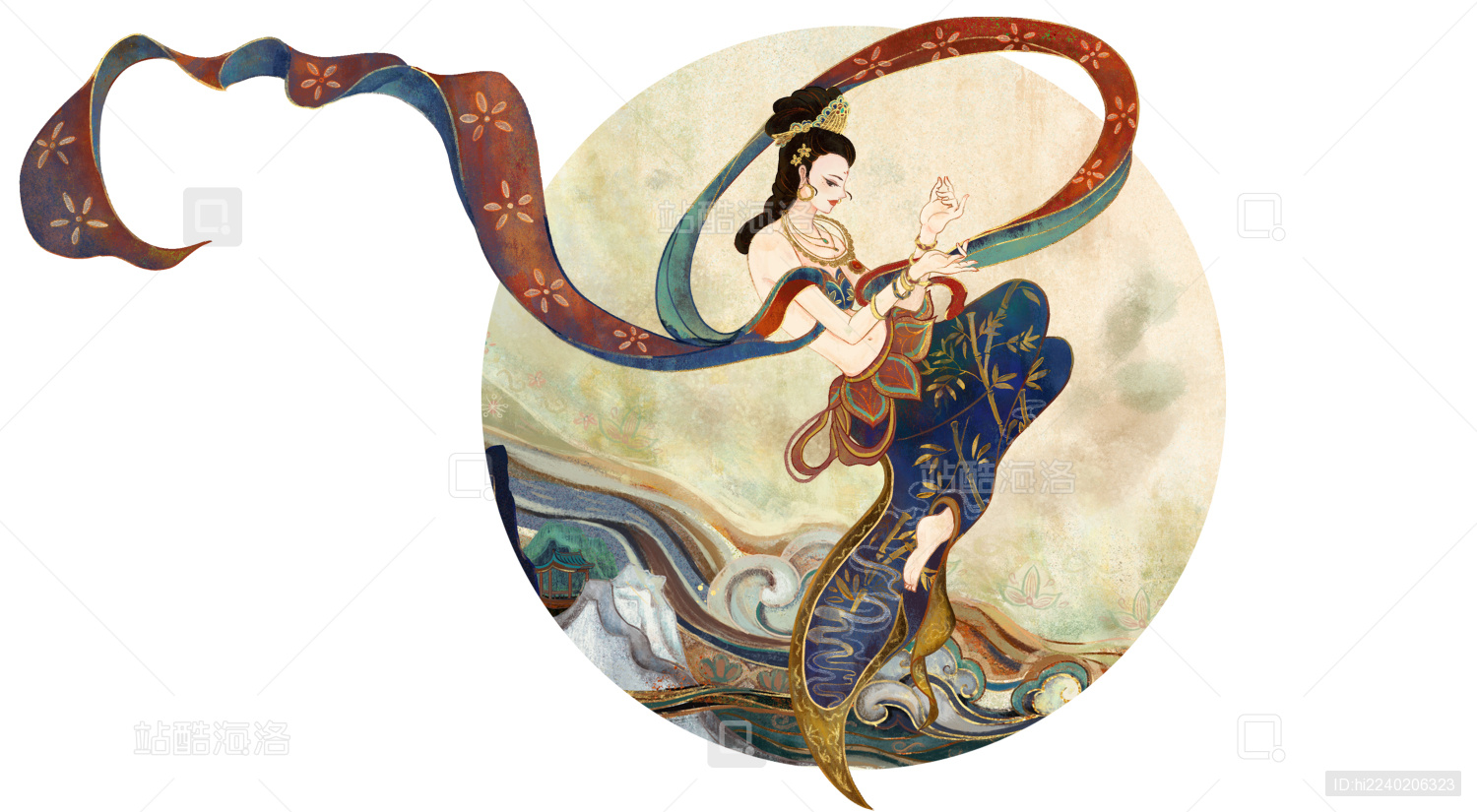 敦煌壁画岩彩仙女飞天图