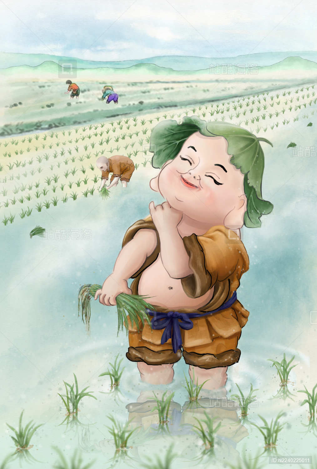 戴荷叶帽的禅意小和尚抹汗弯身插秧