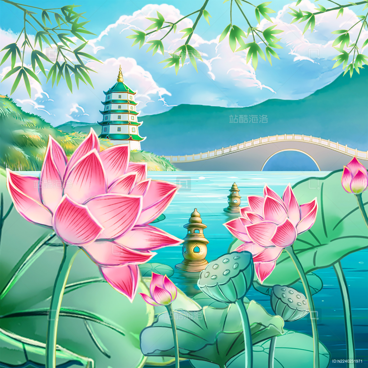 西湖雷峰塔断桥荷花