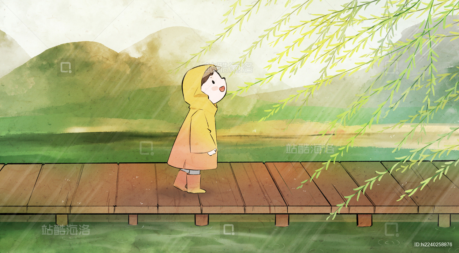 湖边垂柳雨天穿着雨衣的小男孩