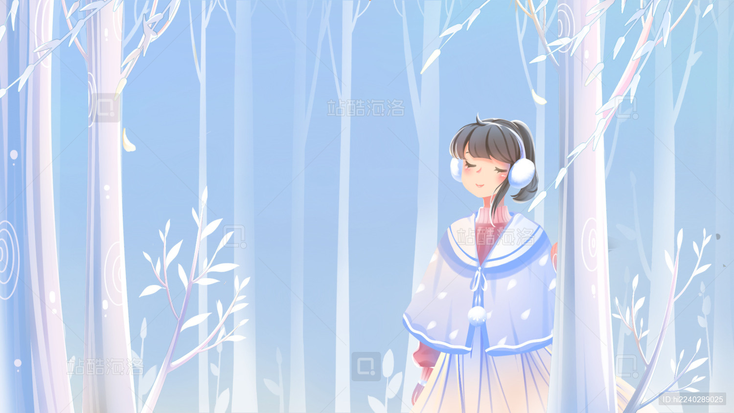 冬季少女林间散步手绘插画