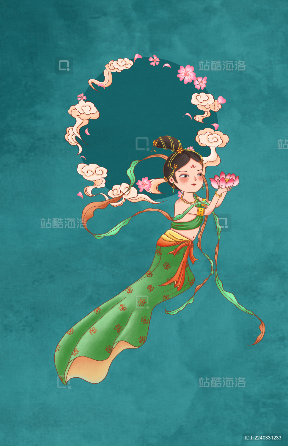 敦煌飞天仙女手拿莲花国潮国风古风插画